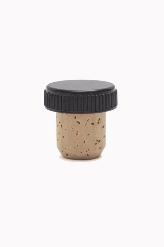 California Bottles’ bar top corks have a black plastic cap over a natural cork and fit all of our bar top style bottles